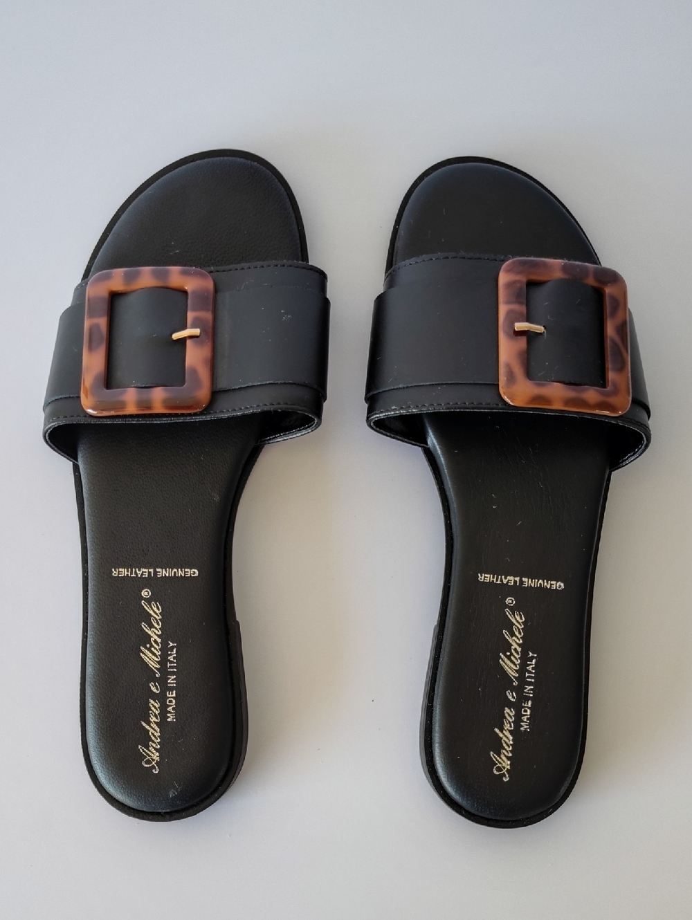 Leather Black Slide Sandals with Tortoiseshell Buckle